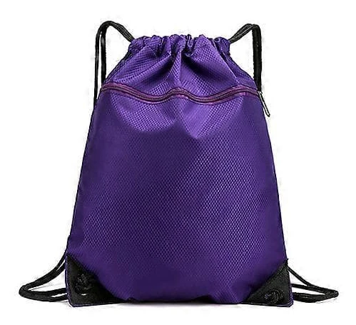 Drawstring Bag with Zipper Pocket, Waterproof Drawstring Backpack, for Sports, Gym, Swimming, Travel, School, Beach Holiday Purple