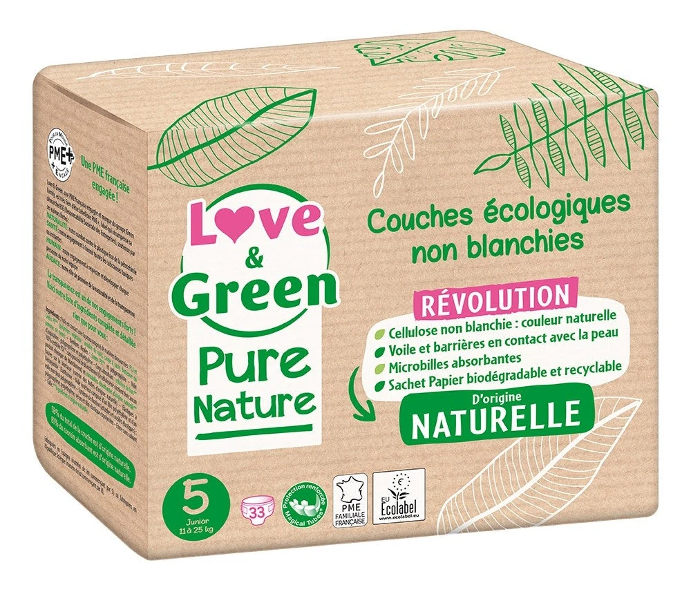 Love & Green Pure Nature - Ekologiska oblekta blöjor - Storlek 5 - 11 till 25 kg - 33 lager