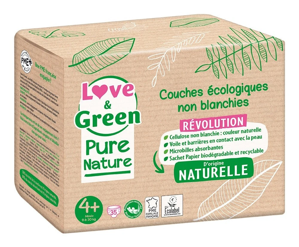 Love & Green Pure Nature - Ekologiska oblekta blöjor - Storlek 4+ - från 9 till 20 kg - 35 lager