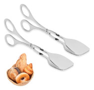 Tvådelade köksklämmor i rostfritt stål med saxhandtag, lämpliga för bufféer, sallader, bröd och kakor (18×7.5×3.4 cm).