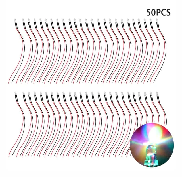 50 pcs 12V Pre-wired Round Head LED Light Bead 5mm Multi-color Fast Flashing
