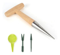 Dibbler Set med 4 traditionella trädgårdsredskap i rostfritt stål med våg och trähandtag