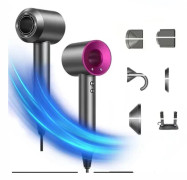 Jonisk hårfön - JD038 hårtork - Snabbtorkande 1600–1999 W - Bladlös design - Negativa joner - 3 lägen - Temperaturkontroll - 6 tillbehör - Rosa EU-kontakt