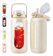 Liter Glass Water Bottle with Straw and Handle - 64oz Motivational Water Bottle with Time Marker and Silicone Sleeve