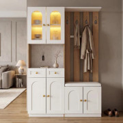 Garderobsskåp med bänk & LED, skoskåp & lamellvägg – 180x120x30 cm, vit/ek, dubbelsidig