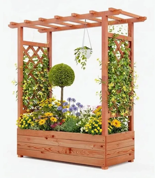 Odlingslåda med spaljé och tak - Högt planteringskärl - 110x44x113,5 cm - 4 dräneringshål - Trä - Vertikal blomlåda för klätterväxter - Brun