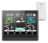 Trådlös väderstation för inomhus/utomhus med termometer/hygrometersensor, färg-LCD-skärm, temperaturvarning, väderprognos, DCF