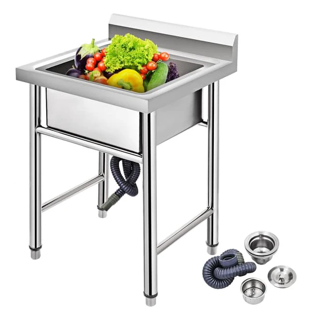 17,5x16,5x10 tum kommersiell diskbänk i rostfritt stål med stänksäker baffel, stor kapacitet, stabil och justerbar design, flera tillbehör