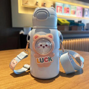 500ml tecknad barntermos med sugrör, läckagesäker termos, kawaii blå vattenflaska